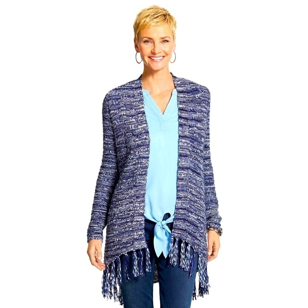 Chicos blue marled nubby Cotton blend midweight cardigan with fringe large